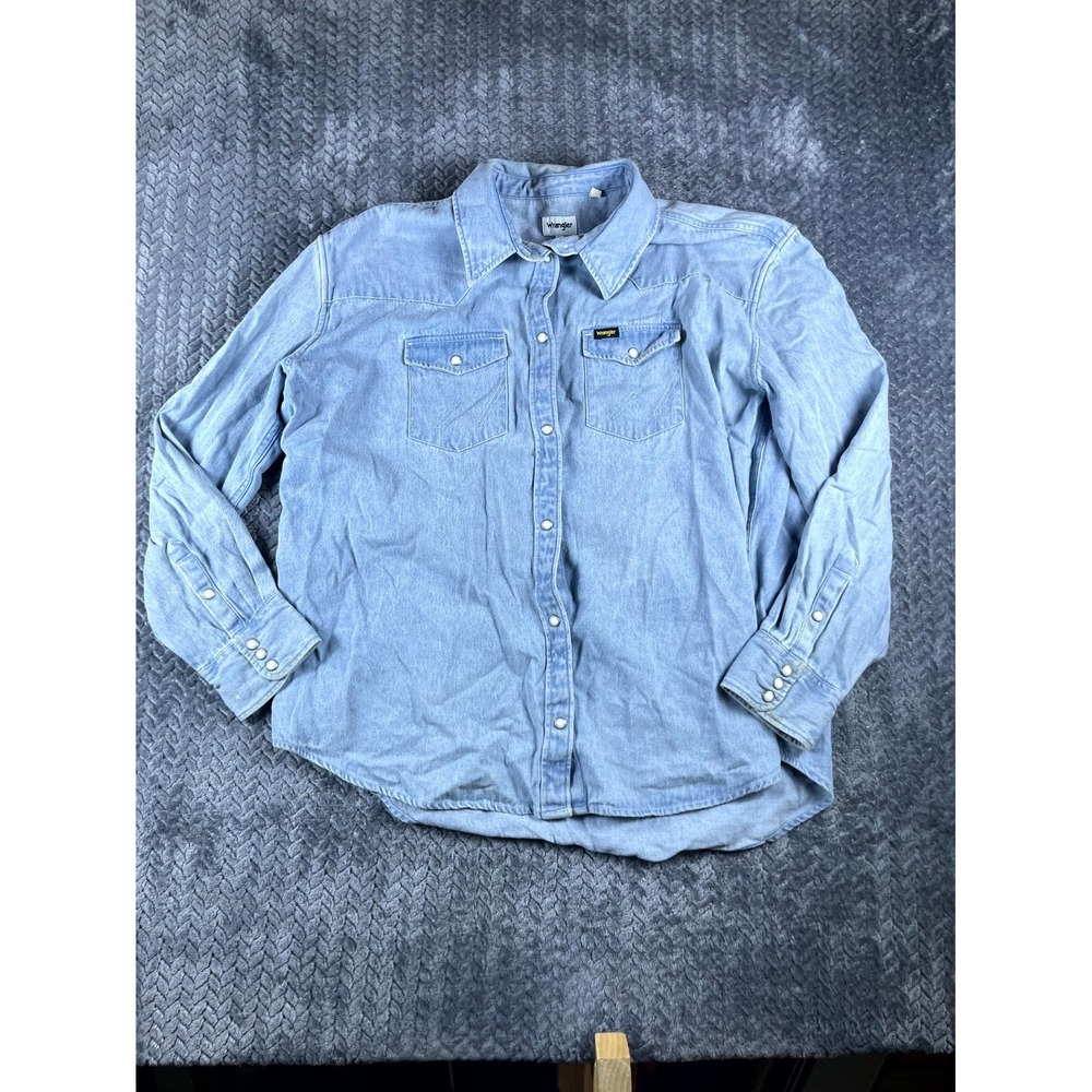 Wrangler Western Denim Shirt Womens M Blue Graphic Cowboy Peaked Yoke Pearl Snap